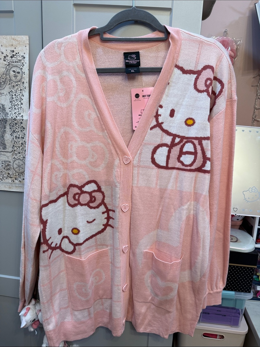 Hello Kitty Pink & White Cardigan with Patch Graphics